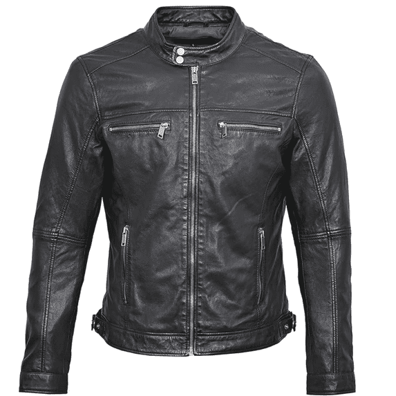 BLUE WELLFORD UNIQ Men's Black Leather jacket Biker collar Long sleeves Zipped cuffs 2 zipped side pockets 2 zipped chest pockets