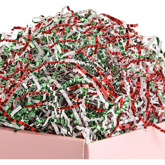 UNIQOOO 1/2 LB Metallic Red Green Crinkle Cut Paper Shredded Filler, Christmas Peppermint Candy Cane Raffia Tissue Zig, Strands Shred Craft Bedding Cushion,Wedding Birthday Gift Boxes Bag Retail