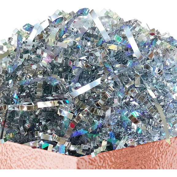 UNIQOOO 1 LB Metallic Iridescent Silver Crinkle Paper Shredded Filler, Sparkle Crystal Unicorn Silver Paper Shreds Raffia Tissue, Craft Bedding Cushion, For Christmas Gifts Wedding Birthday Brid