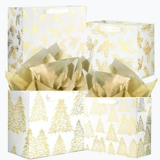 UNIQOOO 12Pcs Metallic Gold Christmas Gift Bags Bulk with 12 Sheets Gold  Tissue Paper, Large 12.5 Inch, Assorted Modern Geometric Paper Gift Wrap  Bag