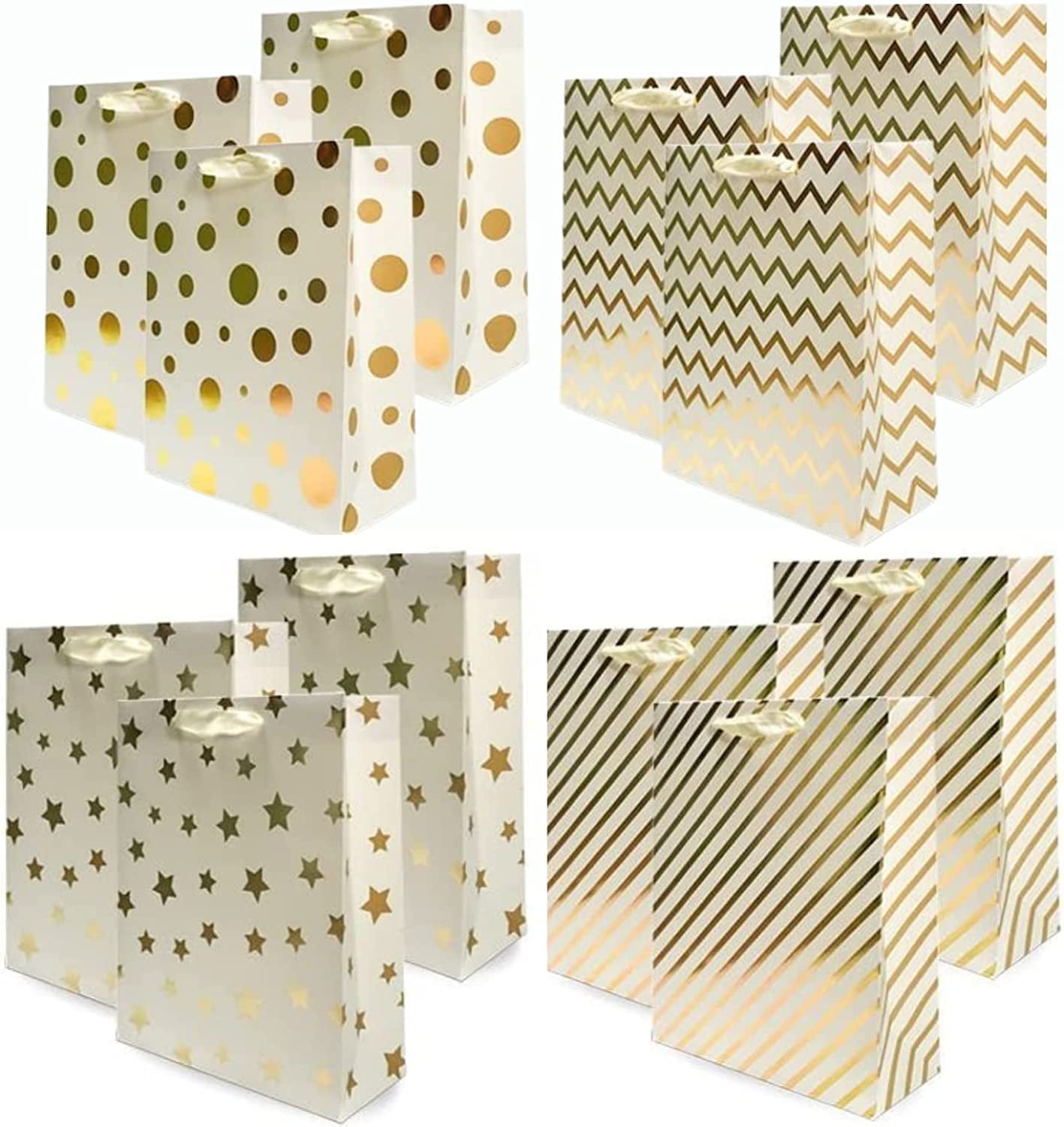 UNIQOOO 12PCS Metallic Gold Christmas Gift Bags Bulk with Handle, Large  12.5 x10 Inch, Assorted Modern Geometric Paper Gift Wrap Bags, For  Valentines Day Holiday Birthday Wedding Gift Packaging Decor 
