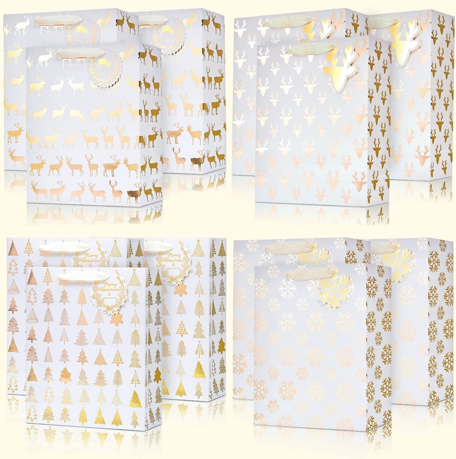 UNIQOOO 12pcs Premium Assorted Gold Metallic Foil Gift Bags L  12.5''x10.5''x4, 12 Sheets Gold Tissue Paper 20''x26''each, Gift Wrapping  Set 