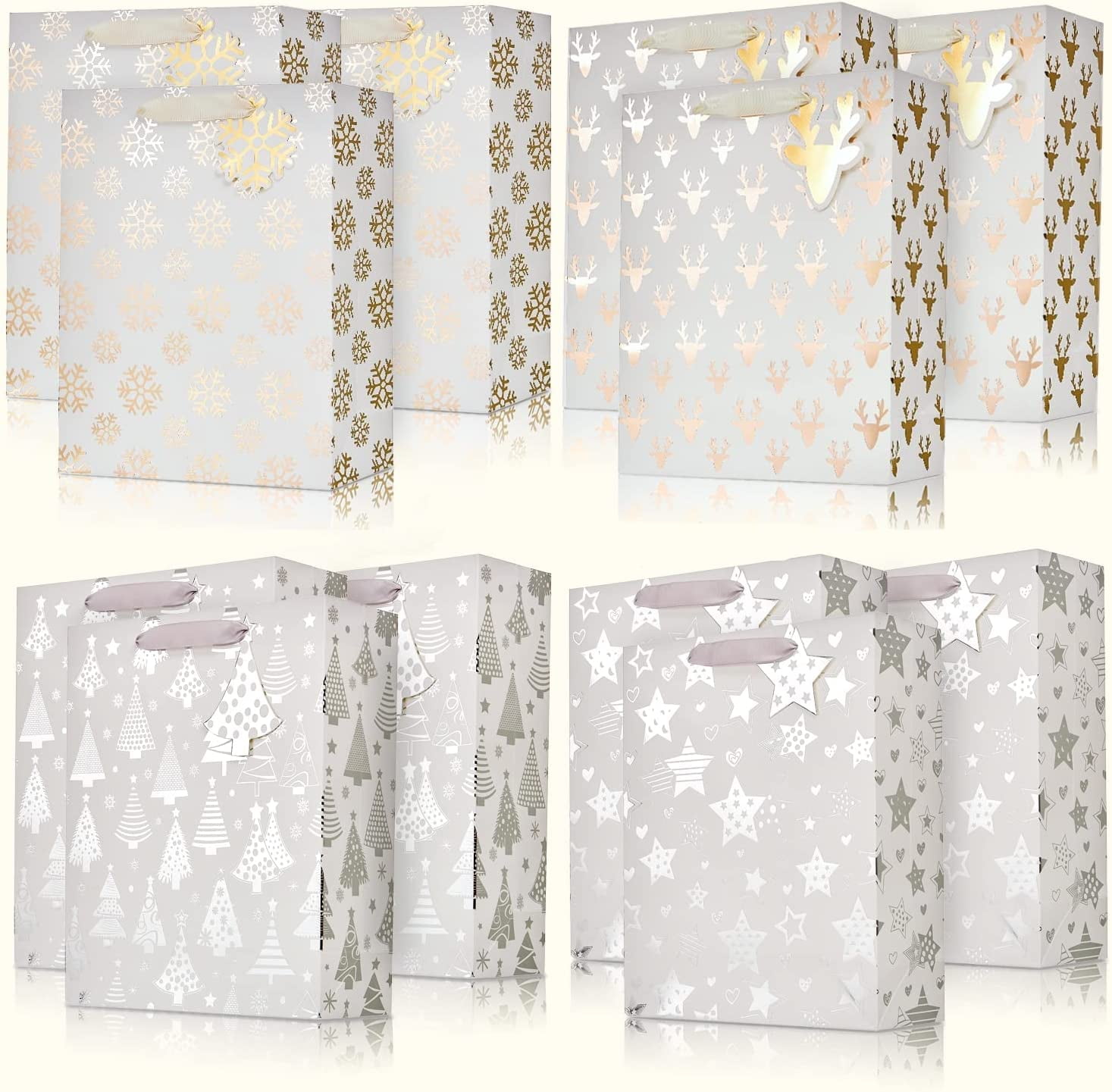 UNIQOOO 12Pcs Metallic Gold Silver Christmas Gift Bags Bulk with Tags Large 12.5 x10 Xmas Gift Wrap Bags Assorted Snowflake Star Reindeer For Holidays New Year Party Favor Decor Gift Packaging