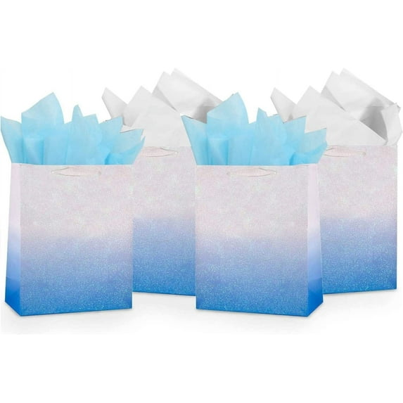 UNIQOOO 12Pcs Ombre Blue Gift Bags Bulk w/ 24 Tissue Paper, 9 x 7 x 4 In, Gradient Pastel Blue Glitter Paper Gift Wrap Bag, Recyclable Gift Packaging for Wedding Birthday Mother's Day Baby Shower