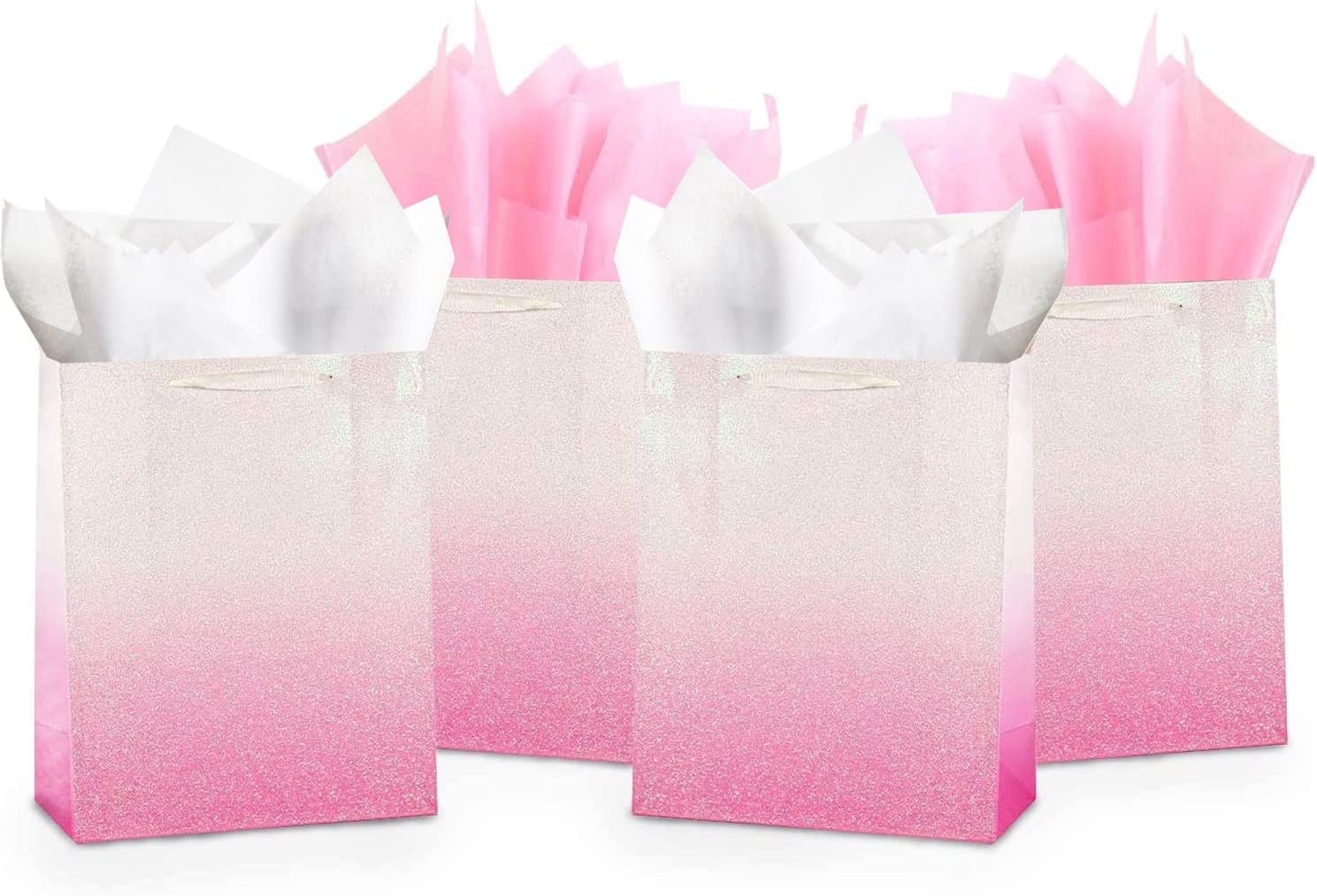 UNIQOOO 12Pcs Ombre Pink Gift Bags Bulk w/ 24 Tissue Paper, 9 x 7 x 4 In,  Gradient Pastel Pink Glitter Paper Gift Wrap Bags, Recyclable Gift  Packaging for Wedding Birthday Mother's
