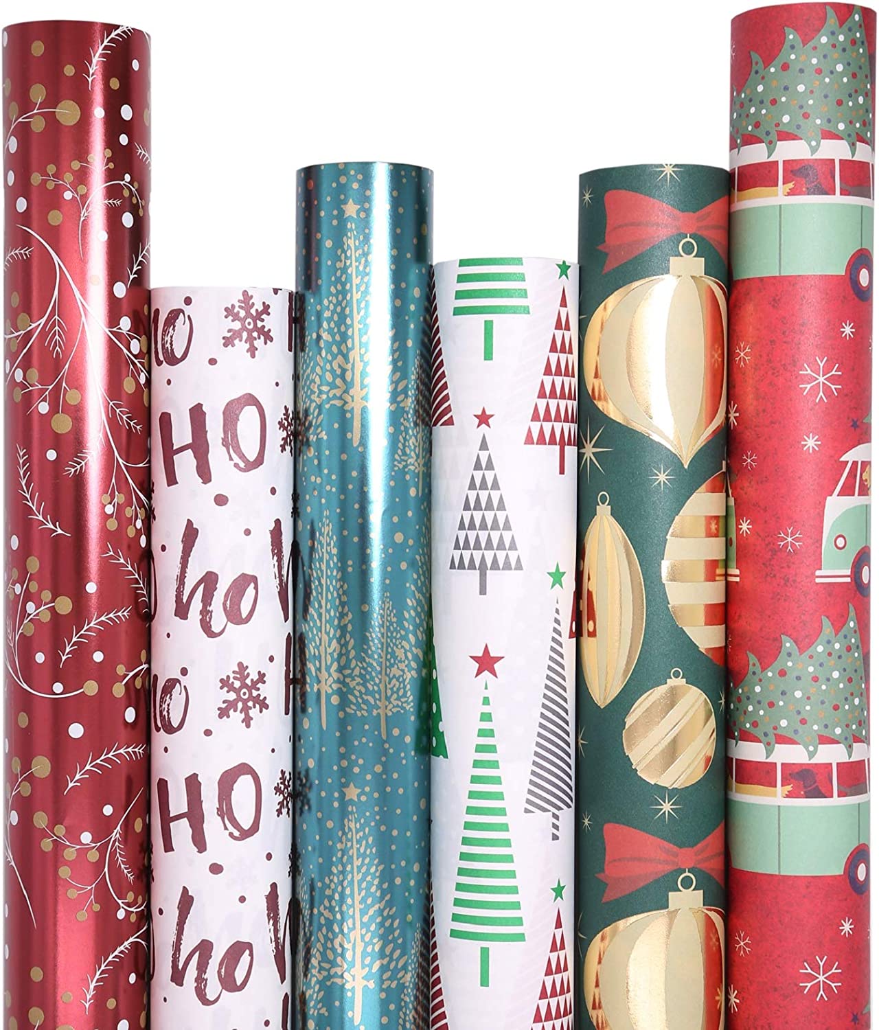 UNIQOOO 6 Festive Christmas Wrapping Paper, 39.4x17 in, Red Gold Foil ...