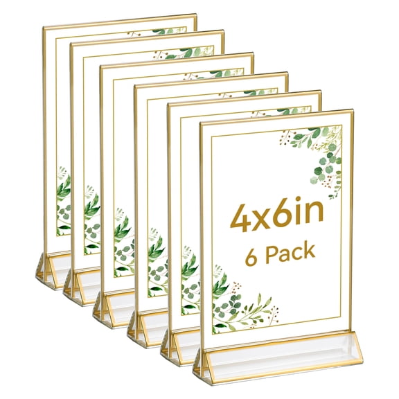 UNIQOOO Acrylic Sign Holders with Gold Border, Pack of 6 | 4x6 Double Sided Clear Frame
