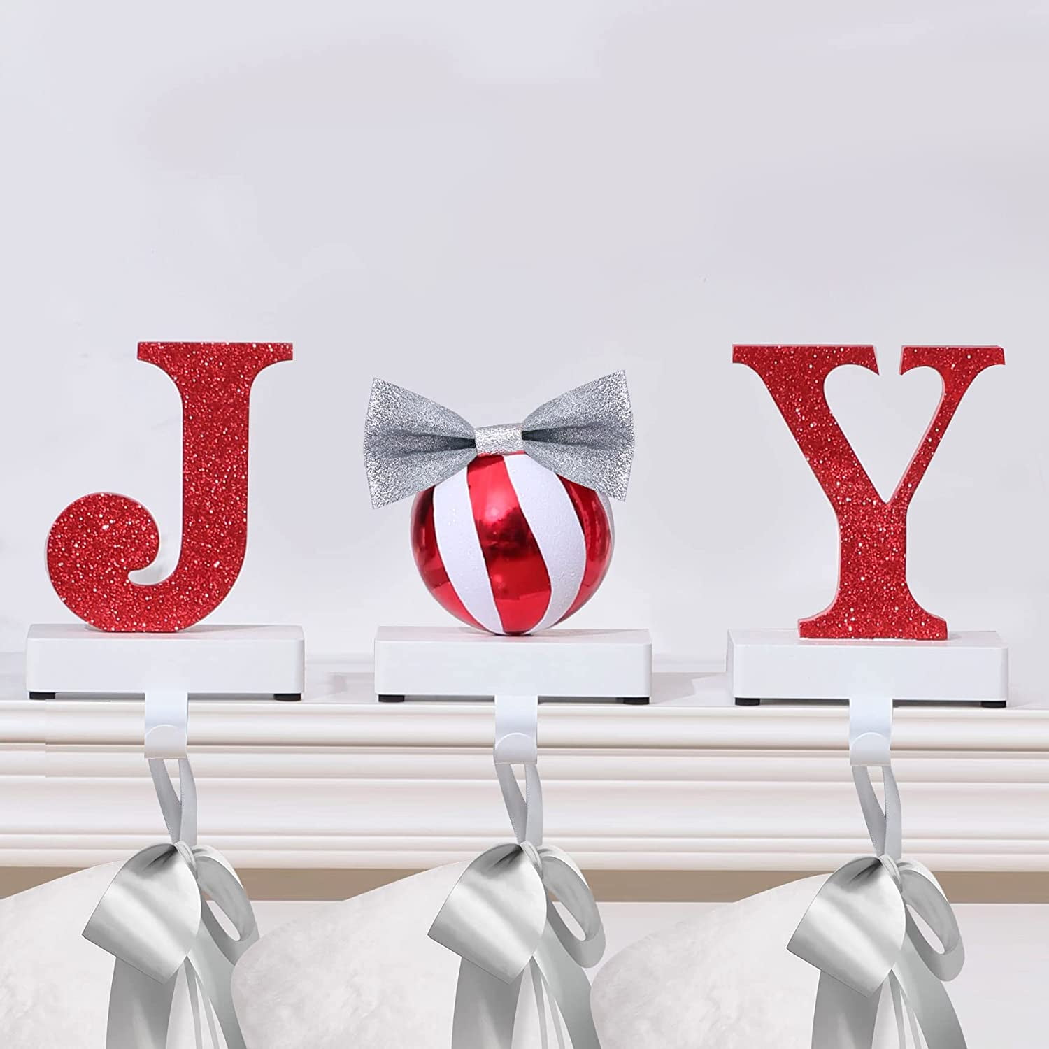 UNIQOOO Candy Cane JOY Christmas Stocking Holders, Large 3Pcs Mantel