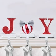 UNIQOOO Candy Cane JOY Christmas Stocking Holders, Large 3Pcs Mantel Hook Set, Base Pads, Ribbons, Holds 2 Lb, Red Glitter Foiled Letters, Xmas Fireplace Decoration Stocking Hangers for Garland Wreath