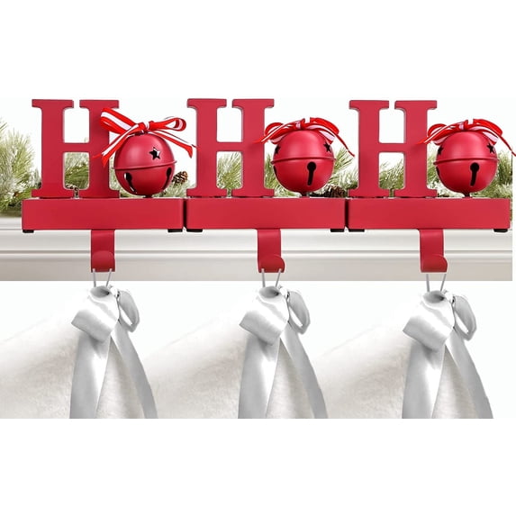 UNIQOOO Red HOHOHO Christmas Stocking Holder Set of 3, Max 2Lbs, Heavy Duty, Padded Grip Bottom, HoHoHo Christmas Mantel Hooks Fireplace Garlands Wreath Decoration Hanger, w/ Bells Candy Cane Ribbons