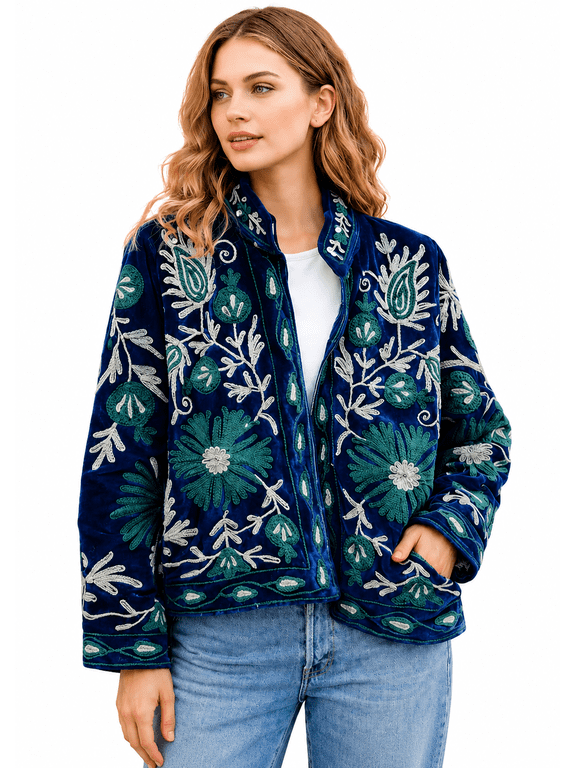 Women's Embroidered Velvet Jacket Floral Boho Coat Lightweight Casual Boutique Western Outerwear Blue