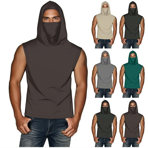 UNISEX Summer Casual Solid Color Sleeveless Hooded Ice Silk Sunscreen Cool Sun Protection Lightweight Tops With Face Mask