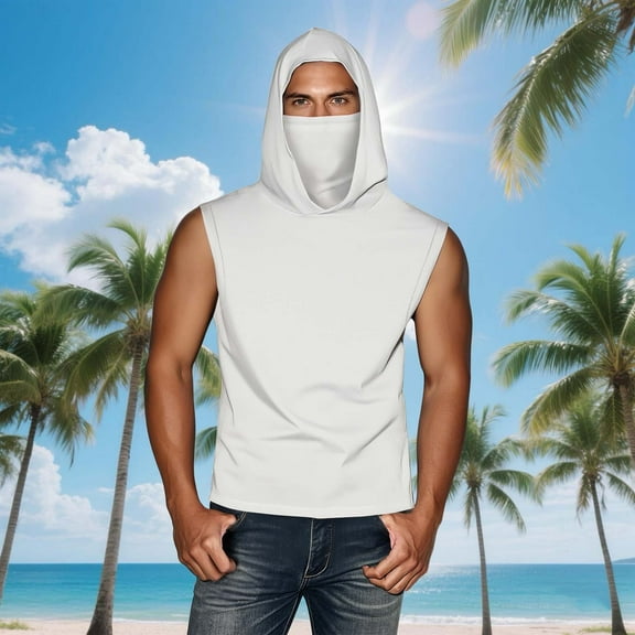 UNISEX Summer Casual Solid Color Sleeveless Hooded Ice Silk Sunscreen Cool Sun Protection Lightweight Tops With Face Mask