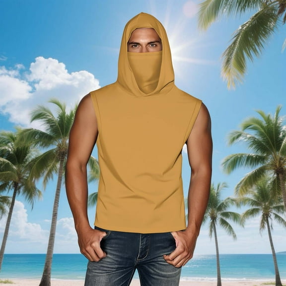 UNISEX Summer Casual Solid Color Sleeveless Hooded Ice Silk Sunscreen Cool Sun Protection Lightweight Tops With Face Mask