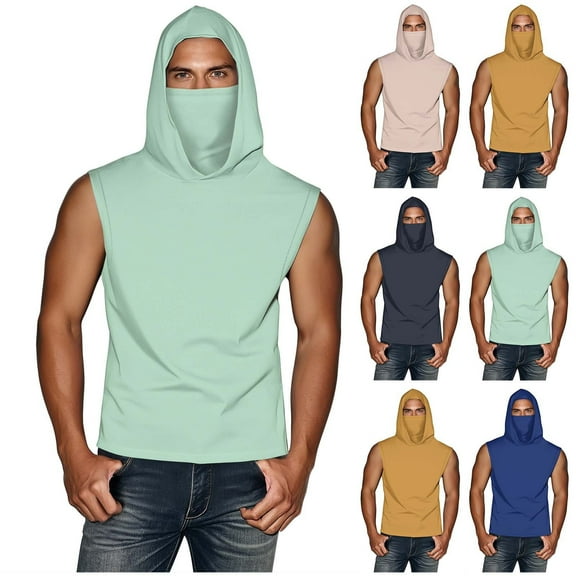 UNISEX Summer Casual Solid Color Sleeveless Hooded Ice Silk Sunscreen Cool Sun Protection Lightweight Tops With Face Mask
