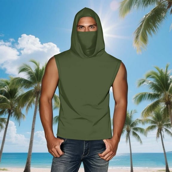 UNISEX Summer Casual Solid Color Sleeveless Hooded Ice Silk Sunscreen Cool Sun Protection Lightweight Tops With Face Mask