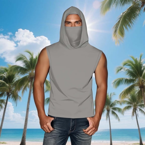 UNISEX Summer Casual Solid Color Sleeveless Hooded Ice Silk Sunscreen Cool Sun Protection Lightweight Tops With Face Mask