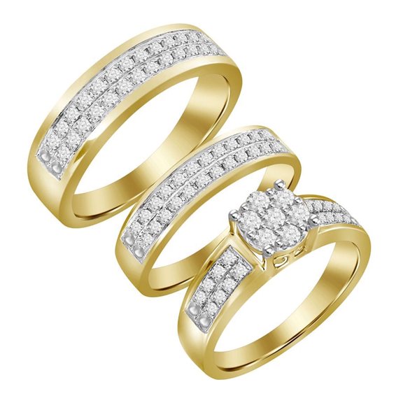 Unisex Trios Set 1.00Ct Round Diamond 10K Yellow Gold