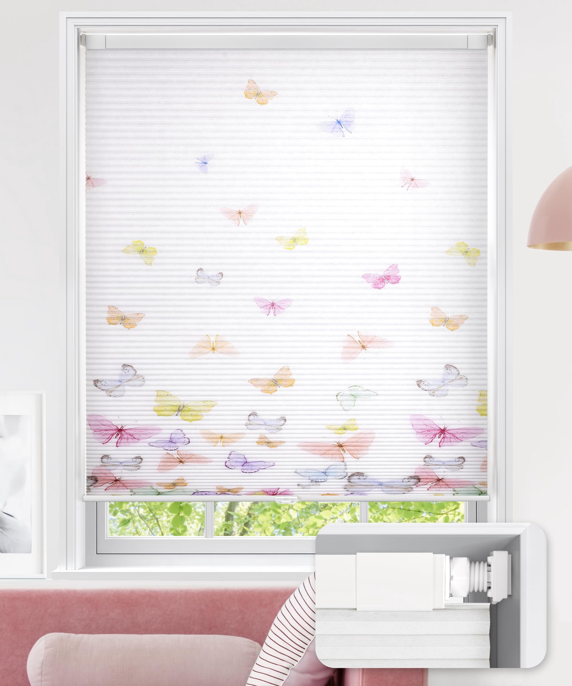 UNISHADES No Tools No Drill Cellular Shades Cordless Butterfly Patterned Light Filtering Honeycomb Blinds Suitable for Window Size 20" W × 64" H Fluttering Colourful Butterflies