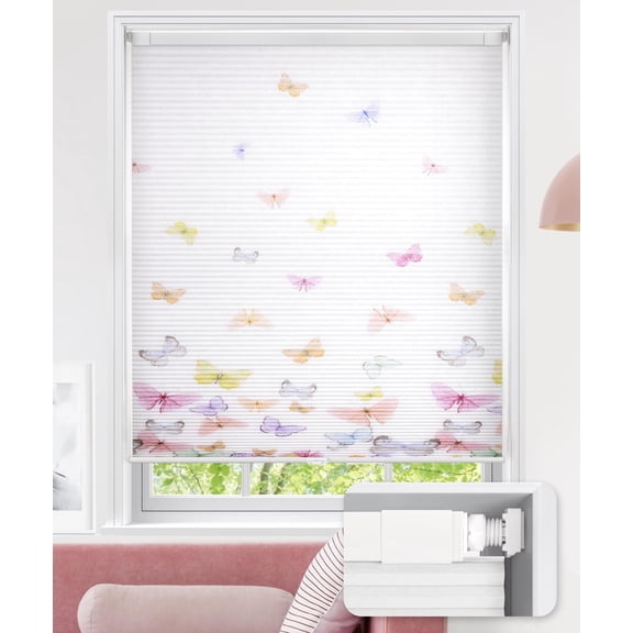 UNISHADES No Tools No Drill Cellular Shades Cordless Butterfly Patterned Light Filtering Honeycomb Blinds Suitable for Window Size 20" W  64" H Fluttering Colourful Butterflies