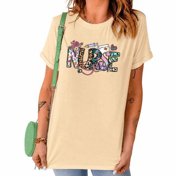 UNISHE Apricot Colorful Nurse T-Shirts Women's Cute RN Graphic with Medical Tool Print Round Neck Tops