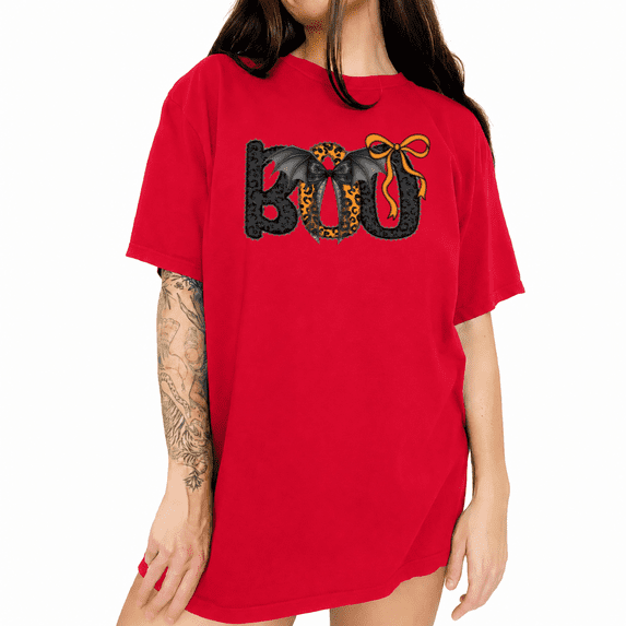 UNISHE BOO Bow Pumpkin Bat Graphic Tee Women's Halloween Short Sleeve Crew Neck T-Shirt