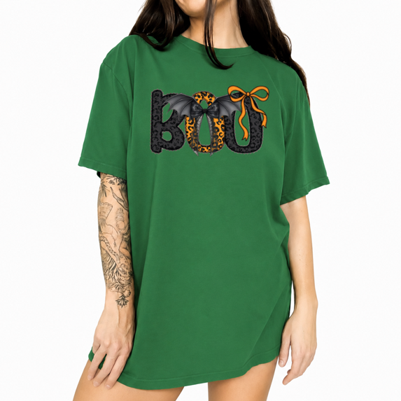 UNISHE BOO Bow Pumpkin Bat Graphic Tee Women's Halloween Short Sleeve Crew Neck T-Shirt