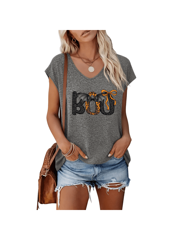 BOO Halloween Pumpkin Bat Leopard Graphic Tee Women V Neck Sleeveless Tank Top Fashion Print Holiday Apparel