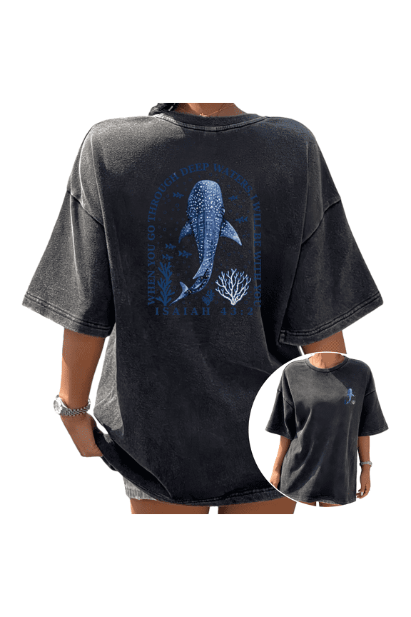 Back Marine Creature Spotted Whale Shark Circular Scripture Christian Verse Women Vintage Washed T-Shirt Short Sleeve Loose Tops