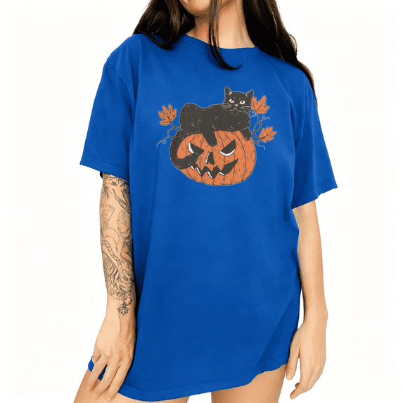 UNISHE Black Cat Pumpkin Graphic Tee Women's Halloween Short Sleeve T-Shirt