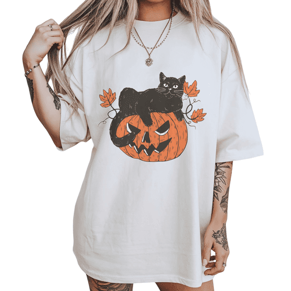 UNISHE Black Cat Pumpkin Graphic Tee Women's Halloween Short Sleeve T-Shirt