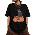 thumbnail image 1 of UNISHE Black Cat Pumpkin Halloween Graphic Tee Women's Short Sleeve Crew Neck Top, 1 of 6