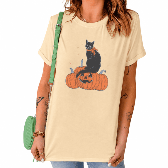 UNISHE Black Cat Pumpkin Halloween Graphic Tee Women's Short Sleeve Crew Neck Top