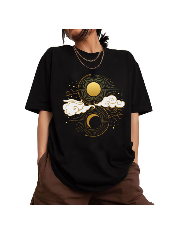 Black Women's Vintage Boho Symmetric Golden Sun Moon Cloud Celestial Graphic Short Sleeve T-Shirt Tops