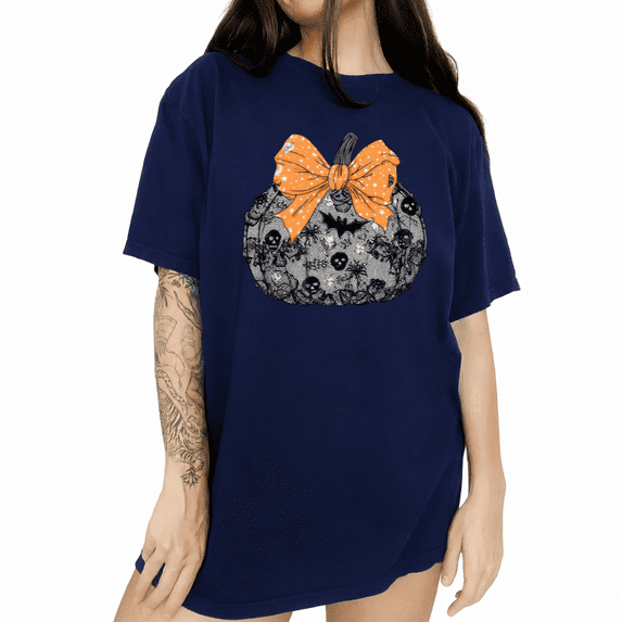 UNISHE Bow Pumpkin Halloween Graphic Tee Short Sleeve Crewneck Casual T-Shirt