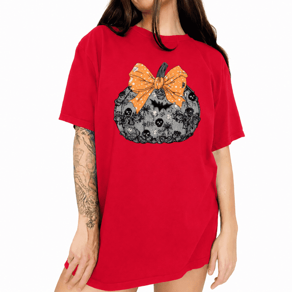 UNISHE Bow Pumpkin Halloween Graphic Tee Short Sleeve Crewneck Casual T-Shirt