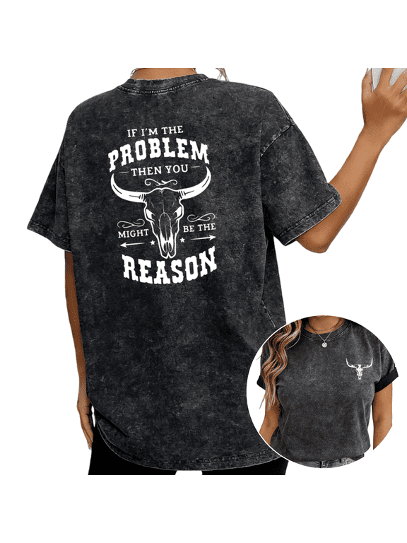 Bull Skull Sarcastic Western Graphic Wash Print Tshirt S-2XL Vintage Black Graphic Tees Gift Shirts for Rodeo Tops