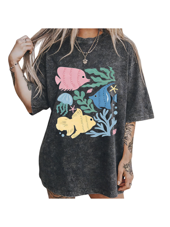 Colorful Ocean Marine Life Cartoon sea creature Jellysea creature Vintage Washed Print T-Shirt