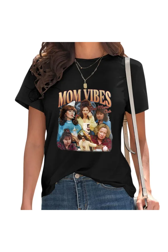 Cool Moms Club Script Font Graphic Tops 1990s Short Sleeve Casual Tee for Daily Outfit Black, 4XL