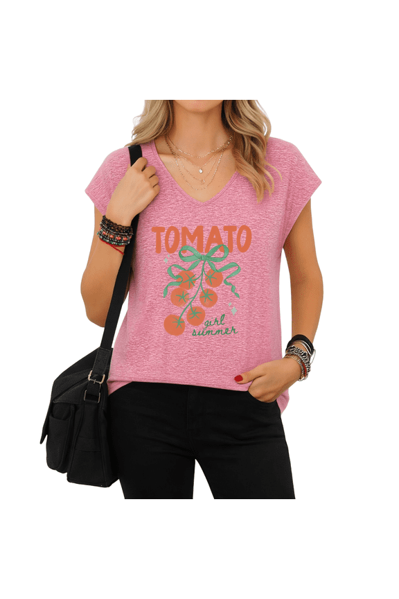 Cottagecore Tomato Ribbon Summer Graphic Tees V-neck Print Tshirt Shirts White S-5XL Tops