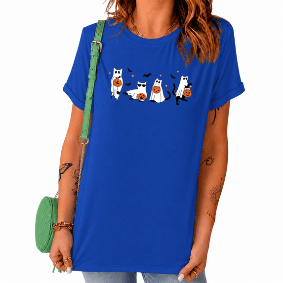 UNISHE Cute Ghost Pumpkin Halloween Hand Drawn Crew Neck Short Sleeve Graphic Tee for Women