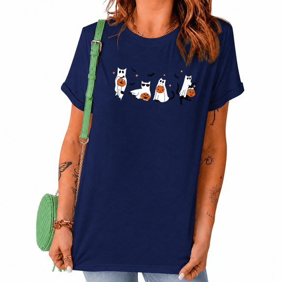 UNISHE Cute Ghost Pumpkin Halloween Hand Drawn Crew Neck Short Sleeve Graphic Tee for Women