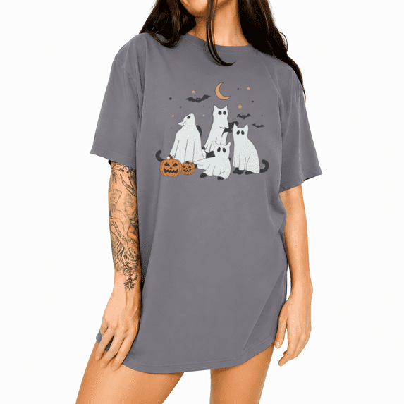 UNISHE Cute Ghost Pumpkin Halloween Joy Short Sleeve Crew Neck Graphic Tee for Women
