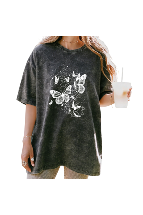 Delicate Butterfly Sketch Design Washed Short Sleeve Crew Neck T-Shirt