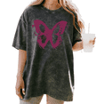 thumbnail image 1 of UNISHE Distressed Magenta Butterfly Print Washed Short Sleeve Crew Neck T-Shirt, 1 of 5