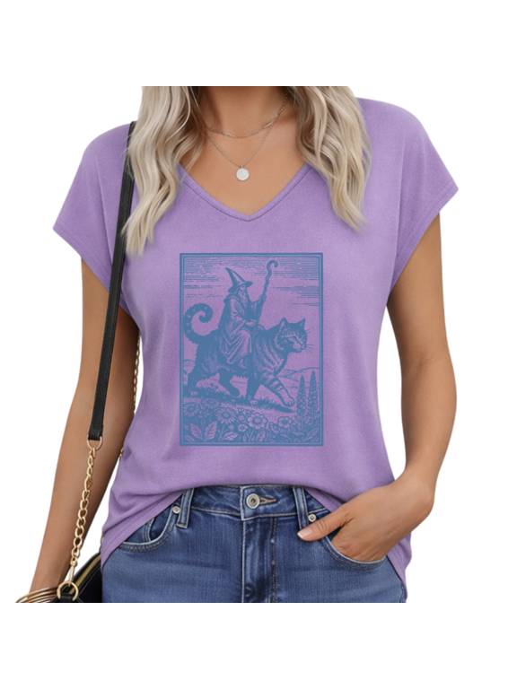 Fantasy Witchy Cat Wizard Graphic Tees V-neck Print Tshirt Shirts Purple S-5XL Tops