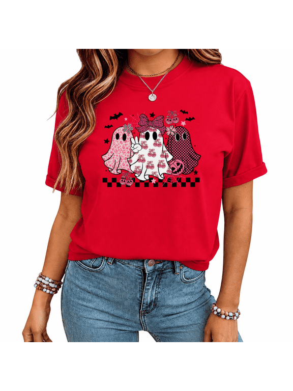 Ghost Trio Graphic T-Shirt Women's Cute Halloween Bow Bat Star Crewneck Shirt