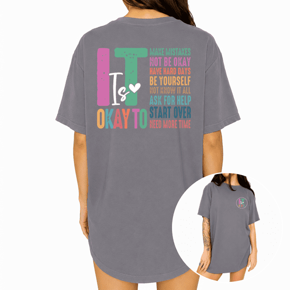 UNISHE Grey It Is Okay T-Shirts Comforting Message List Back Print Crewneck Summer Tops