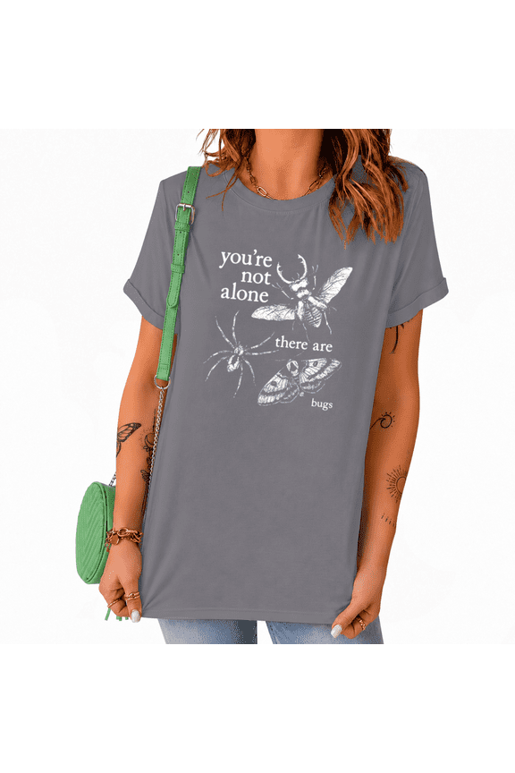 Grey Women's Casual Dark Retro Lady Goth Bug Insect Graphic Short Sleeve T-Shirt Tops