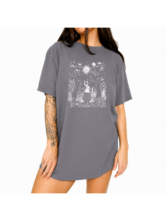 Grey Women's Worn Faded Vintage Witchy Black Cat Celestial Herbal Dark Magic Graphic Short Sleeve T-Shirt Tops